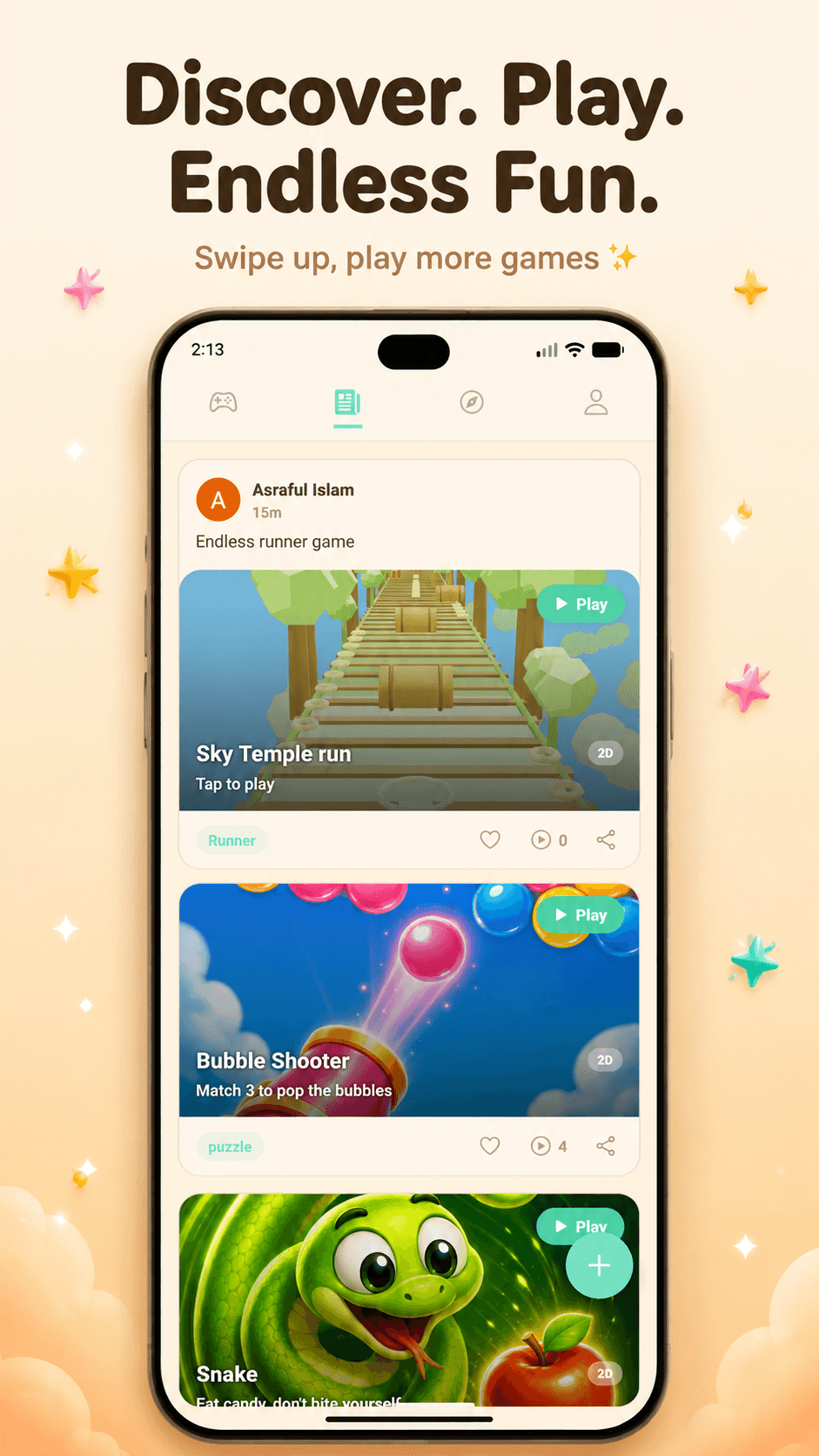 GameReels — Feed view with mini games